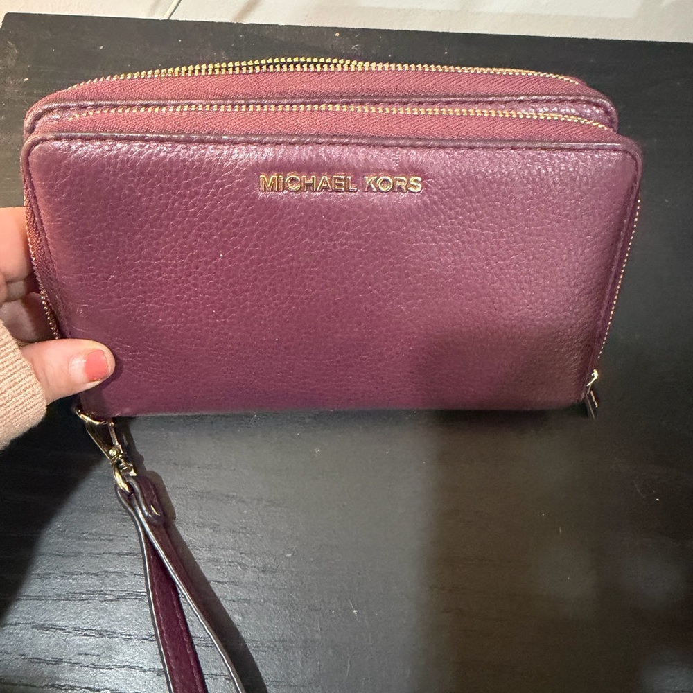 Michael Kors Purple Pebbled Leather Double Zip Wristlet with Gold Hardware